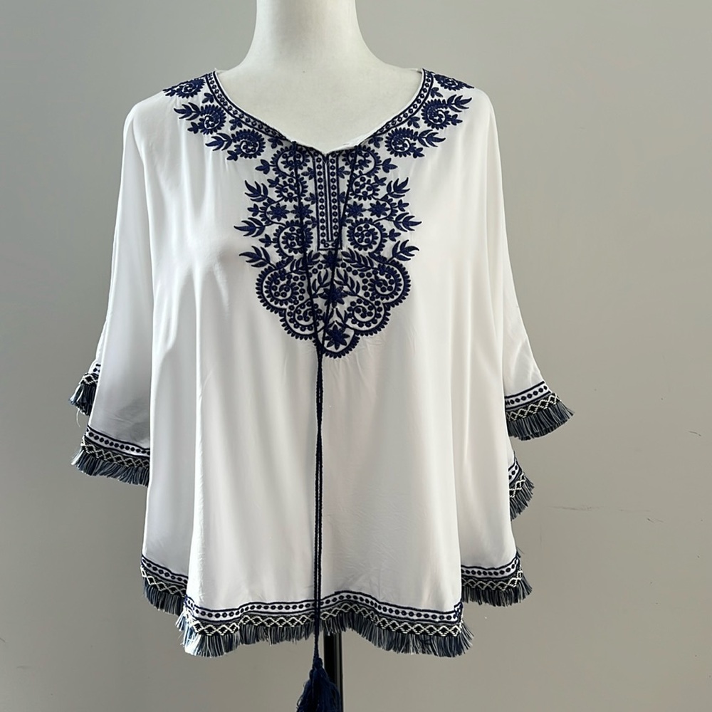 BoHo White Pancho Top with Navy Embroidery and Tassel Tie